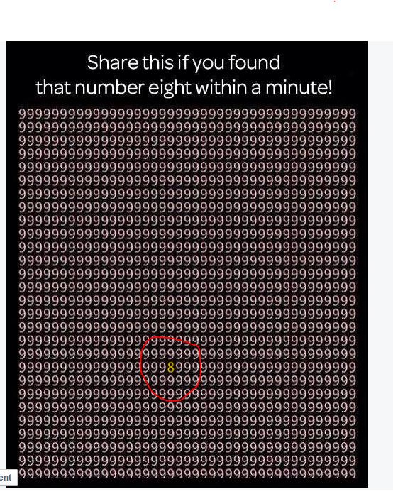 Grid of 9s with one 8 circled, and text asking to share if found quickly.