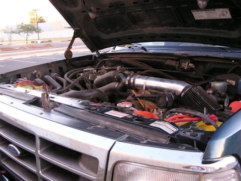 1994 Ford Bronco - The engine bay of a 1994 Ford Bronco, showing the engine and various components under the hood.