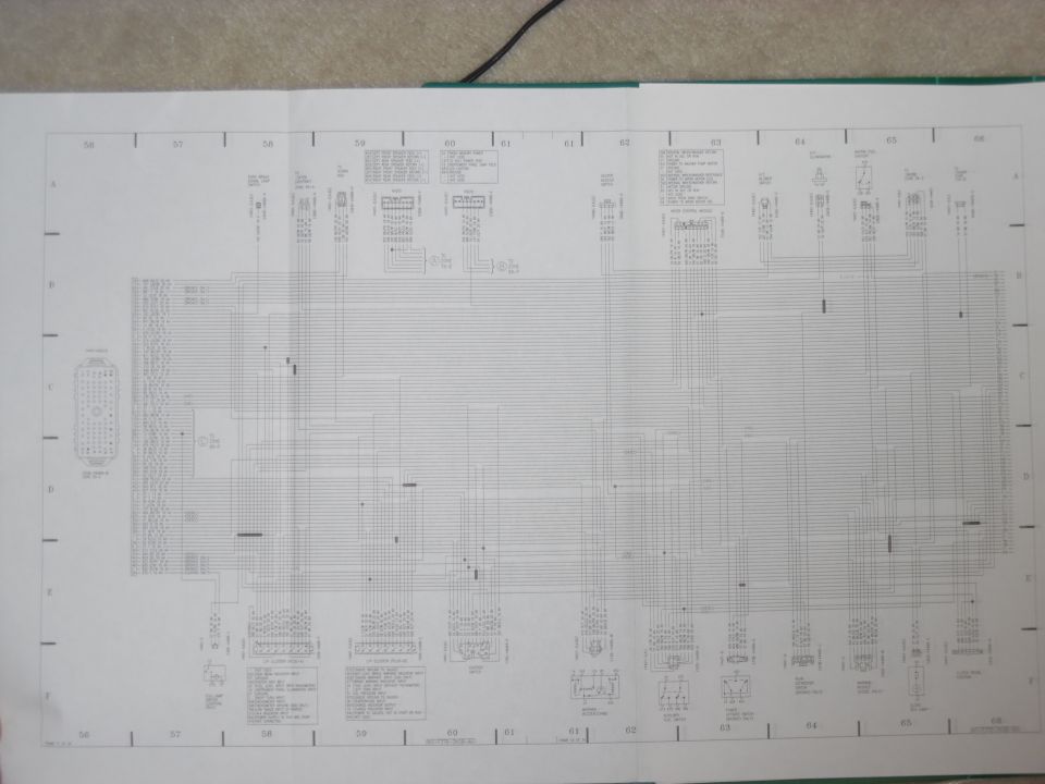 Fold-out factory wiring diagram spread, grid sections 56-66, with connector pinouts, relays and switches