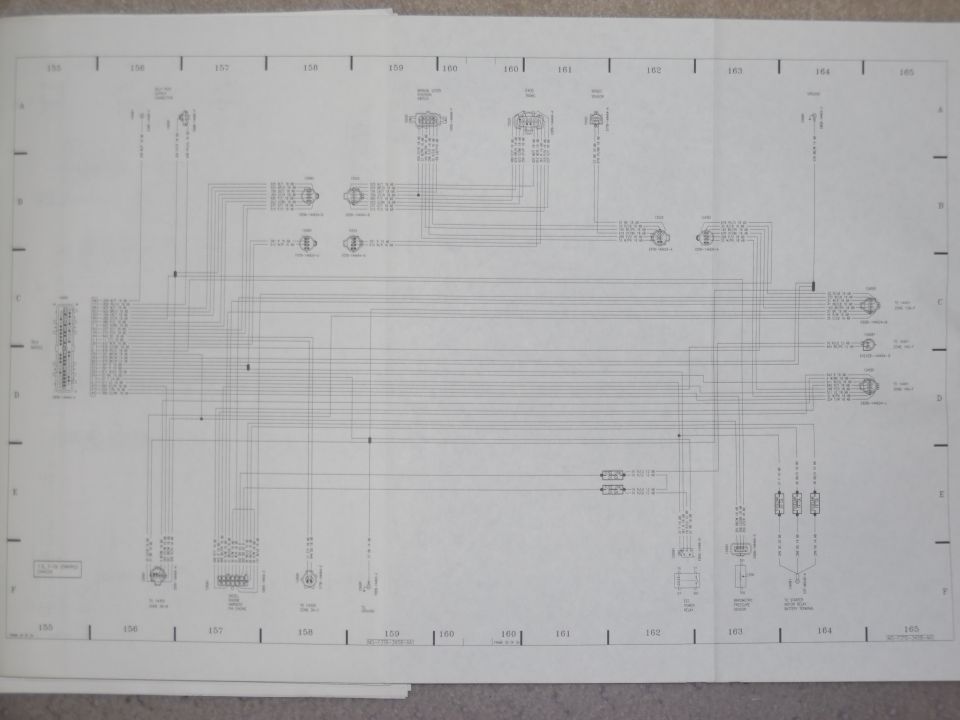 Fold-out factory wiring diagram spread, grid sections 155-165, with connector and component circuits