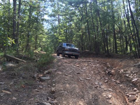 1993 Ford Bronco - A dark-colored 1990s Ford Bronco navigates a rocky, uneven dirt trail through a dense forest.