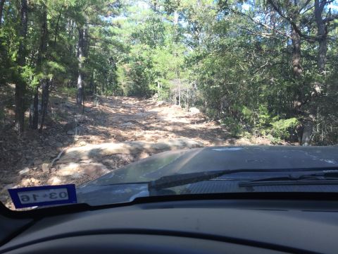 1993 Ford Bronco - View from inside a vehicle driving on a rocky, wooded trail. A Texas license plate is visible on the dashboard.