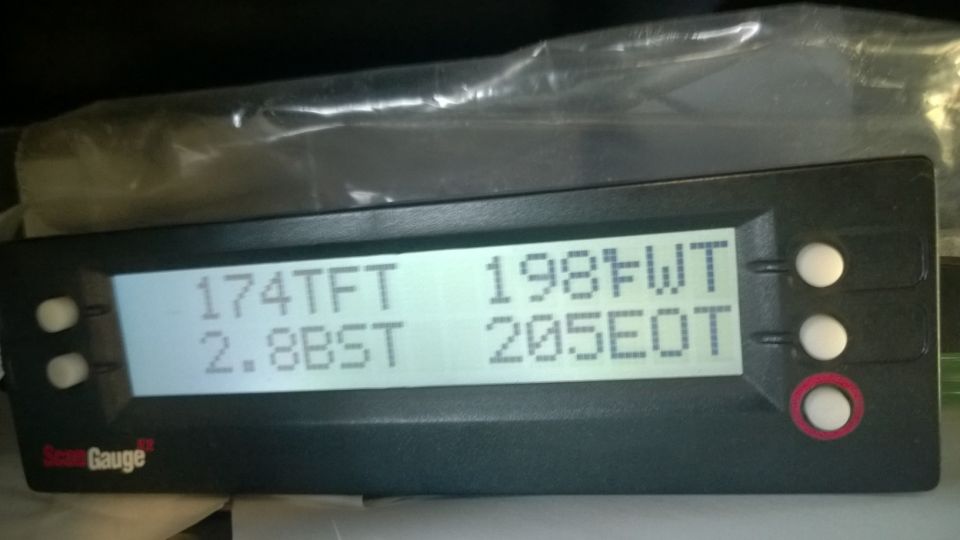 ScanGauge II display showing 174 TFT, 2.8 BST, 198 FWT, and 205 EOT readings