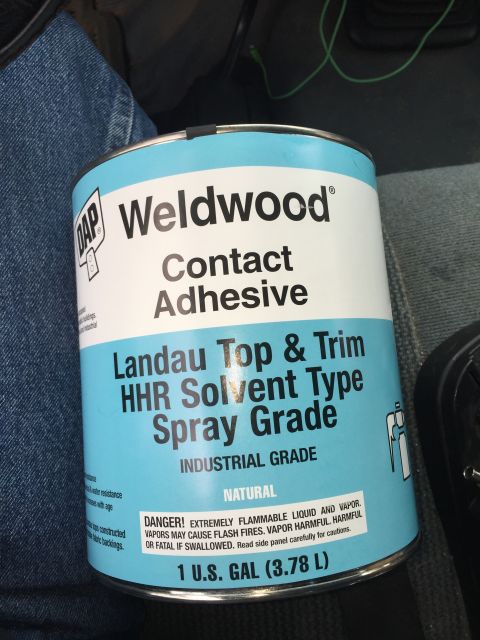 1993 Ford Bronco - A can of Weldwood Contact Adhesive is shown in this close-up shot. The label indicates it is Landau Top & Trim HHR Solvent Type Spray Grade.