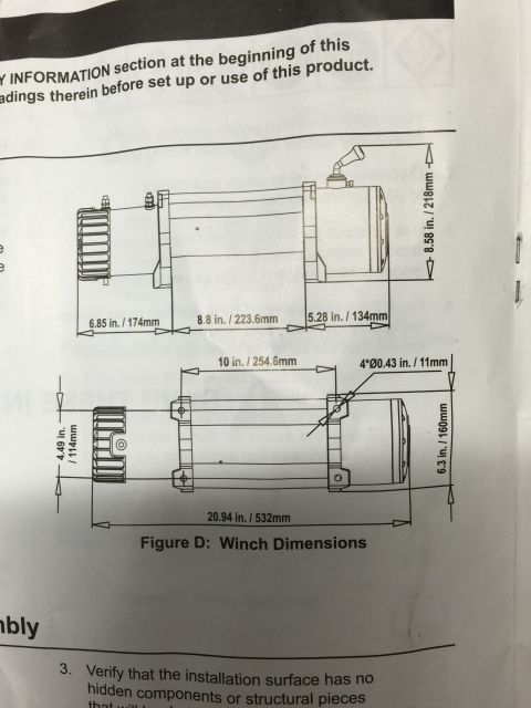 1993 Ford Bronco - This is a close-up of a document showing technical drawings and dimensions for a winch. The document includes measurements in both inches a…