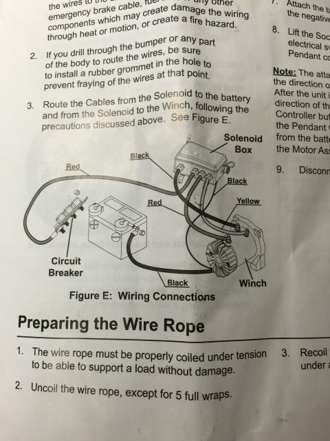 1993 Ford Bronco - This is a close-up shot of a document detailing wiring connections for a winch, featuring a diagram labeled 'Figure E: Wiring Connections'…