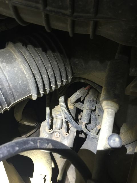 1993 Ford Bronco - A close-up view of the engine bay of a 1993 Ford Bronco, showing various hoses, wiring harnesses, and engine components.