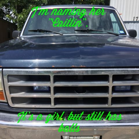 1993 Ford Bronco - The front of a dark blue Ford Bronco is shown, featuring a chrome grille and text applied to the windshield and bumper. Green text on the w…