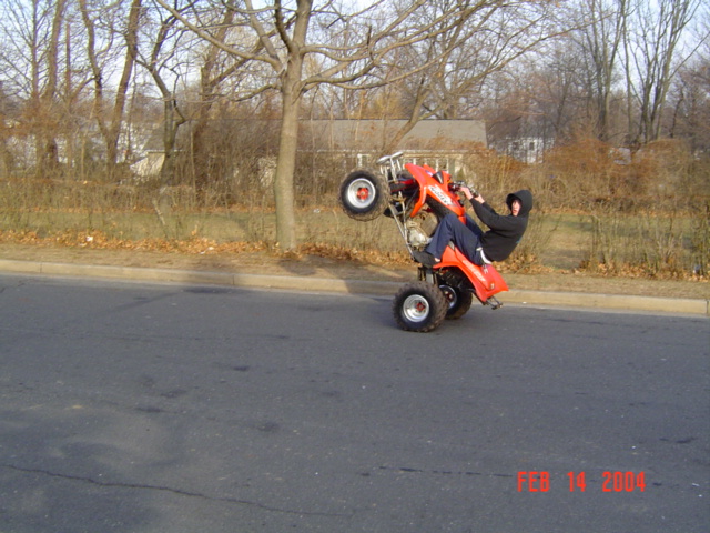 Rider popping a wheelie on a red ATV on a street, dated Feb 14 2004