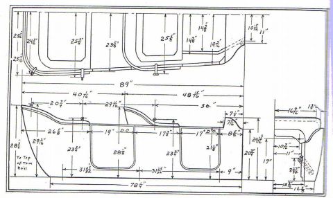 1923 Ford Model T - Technical diagram detailing the body dimensions and measurements of a vehicle, likely a 1923 Ford Model T.