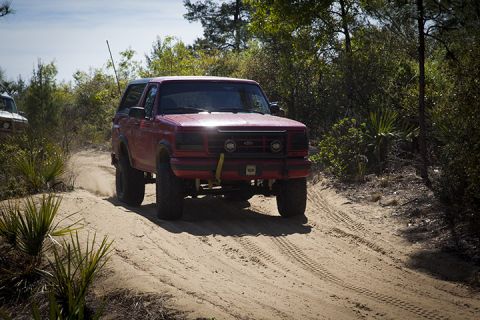 1995 Ford Bronco - A red Ford Bronco navigates a sandy path through a wooded area, with another vehicle partially visible to the left.