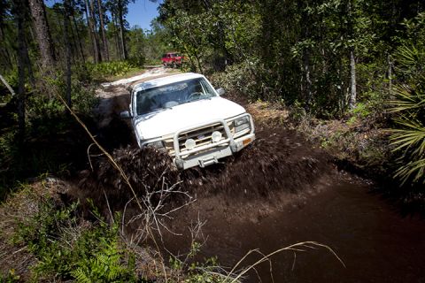 1995 Ford Bronco - A white 1995 Ford Bronco navigates a muddy trail, with another vehicle visible in the background.