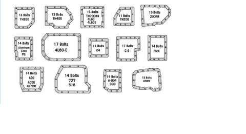 1973 Ford Ranchero - Identification chart showing automatic transmission oil pan shapes and bolt counts for TH350, TH400, 4L80-E, C4, FMX and others.