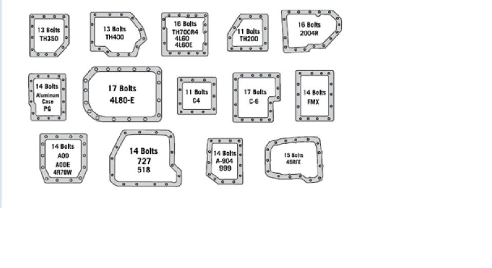 Transmission oil pan identification chart showing pan shapes and bolt counts