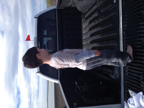 2005 Jeep Wrangler - A child stands in the open tailgate of a pickup truck, gazing at the horizon under a vast sky.