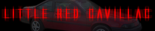 Dark red graphic banner reading LITTLE RED CAVILLAC over a faint car silhouette