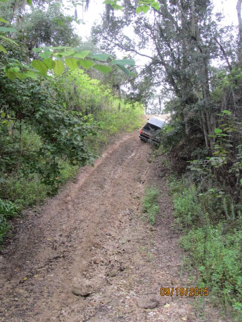 1995 Ford Bronco - A dark-colored SUV is stuck on a muddy, rutted dirt road surrounded by dense foliage. The vehicle appears to be tilted on its side.