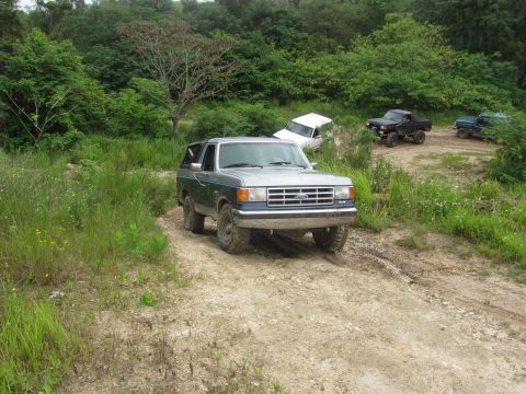 1995 Ford Bronco - A blue and silver Ford Bronco is driving on a dirt road surrounded by lush green trees and vegetation. Other vehicles, including a black pi…