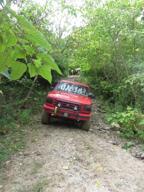 1995 Ford Bronco - A red Ford Bronco is driving down a rocky, wooded trail. The vehicle is angled towards the camera as it navigates the uneven terrain.