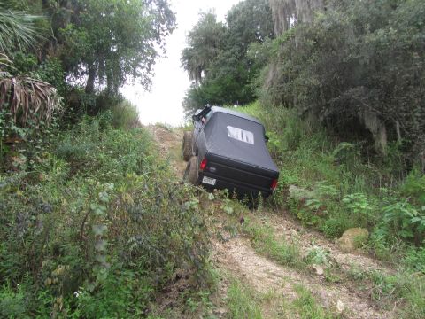 1995 Ford Bronco - A black Ford Bronco is driving up a steep, dirt trail surrounded by lush green foliage and trees. The vehicle is viewed from the rear-left…