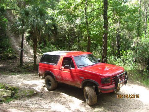 1995 Ford Bronco - A red 1995 Ford Bronco is parked on a dirt path in a wooded area. The vehicle has a black roof and tinted windows, and the front has a brus…