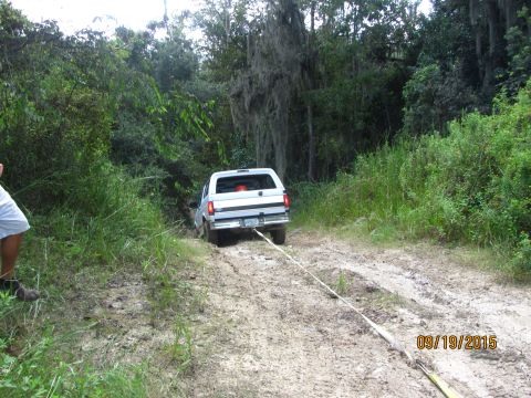 1995 Ford Bronco - A white Ford Bronco is being pulled out of a muddy, wooded trail by a tow strap. The vehicle is viewed from the rear, facing uphill on a di…