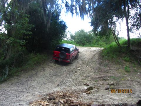 1995 Ford Bronco - A red 1995 Ford Bronco is driving up a muddy, off-road trail surrounded by trees and Spanish moss.