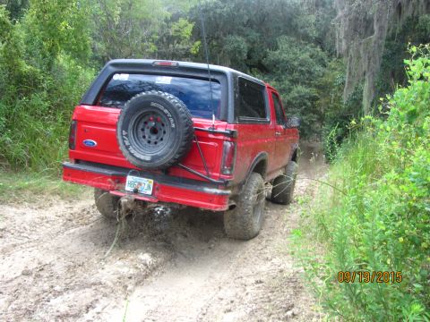 1995 Ford Bronco - The rear driver's side of a red 1995 Ford Bronco is shown driving on a dirt path surrounded by dense green foliage. The spare tire is mount…