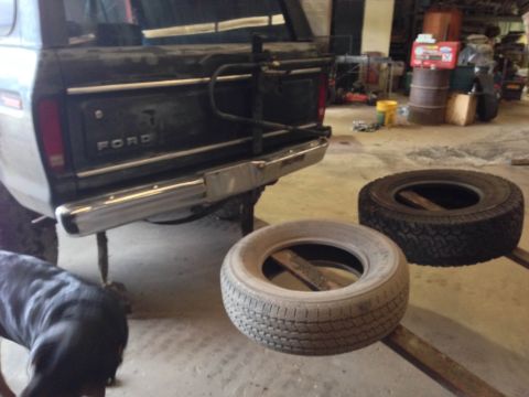 1979 Ford Bronco - The rear of a dark-colored Ford pickup truck is shown, with a chrome bumper and the "FORD" text visible on the tailgate. Two tires are rest…