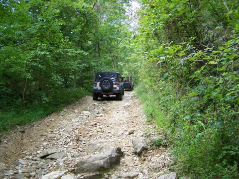 1986 Ford Bronco - Two off-road vehicles, likely Jeeps, are driving down a rocky, unpaved trail surrounded by dense green foliage. The lead vehicle is a dark-…
