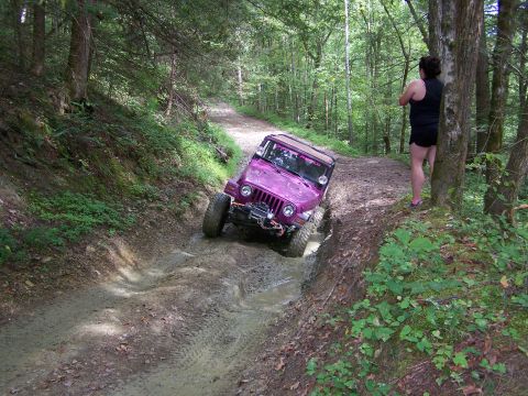 1986 Ford Bronco - A purple Jeep Wrangler is navigating a muddy trail through a forest, with a woman standing nearby watching.