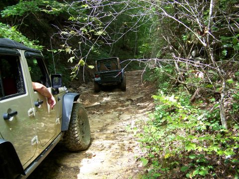 1986 Ford Bronco - A tan Jeep Wrangler is driving on a rocky, wooded trail, with another Jeep visible further up the path. The driver's arm is resting on the…