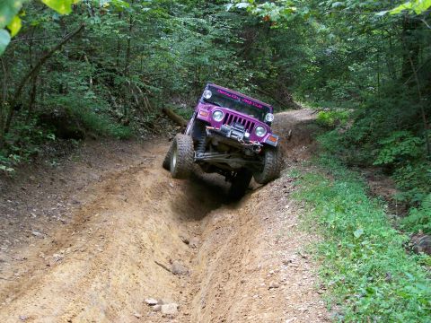 1986 Ford Bronco - A purple Jeep Wrangler is navigating a steep, muddy off-road trail with dense green foliage on either side. The Jeep is tilted at a sharp a…