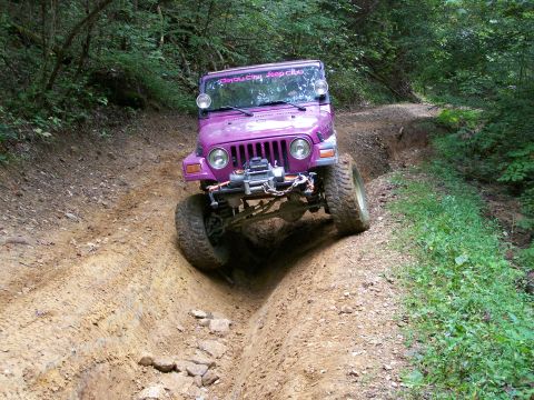 1986 Ford Bronco - A purple Jeep Wrangler is navigating a steep, muddy off-road trail with dense green foliage on either side. The Jeep is angled sharply, wit…