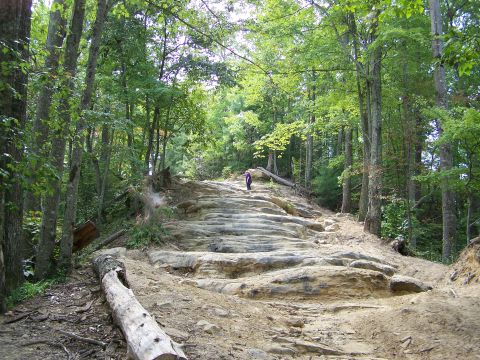 1986 Ford Bronco - A person walks up a rocky, wooded trail that resembles a staircase.