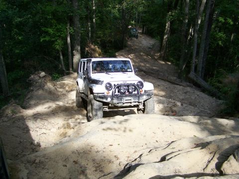 1986 Ford Bronco - A white Jeep Wrangler is navigating a steep, sandy off-road trail surrounded by dense forest.