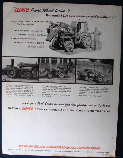 1959 Ford Pickup - This document advertises the Elenco Front Wheel Drive axle for Ford tractors with testimonials.