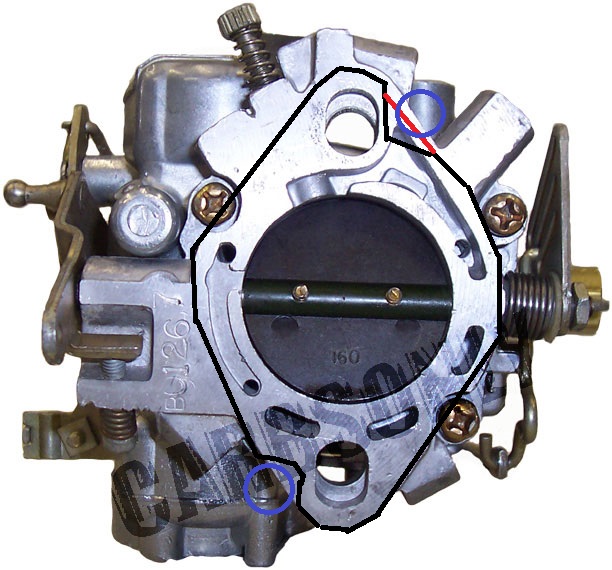 carburetor with black outline and blue circles indicating points