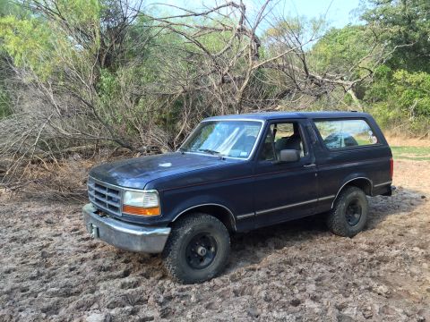 1993 Ford Bronco - A dark blue two-door Ford Bronco is parked on a muddy, uneven surface in front of dense, dry brush and green trees. The vehicle is viewed f…