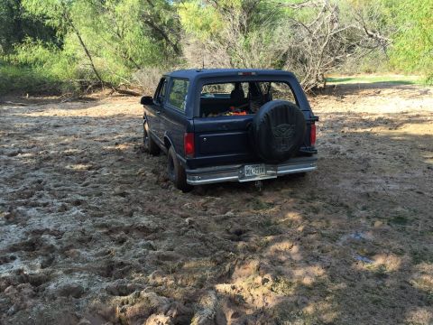 1993 Ford Bronco - A 1993 Ford Bronco is stuck in a muddy, wooded area with trees in the background.