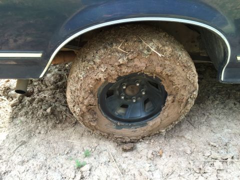1993 Ford Bronco - A close-up view of a muddy tire and wheel well of a dark blue vehicle, likely an SUV, stuck in the mud. The tire is heavily caked with mud,…