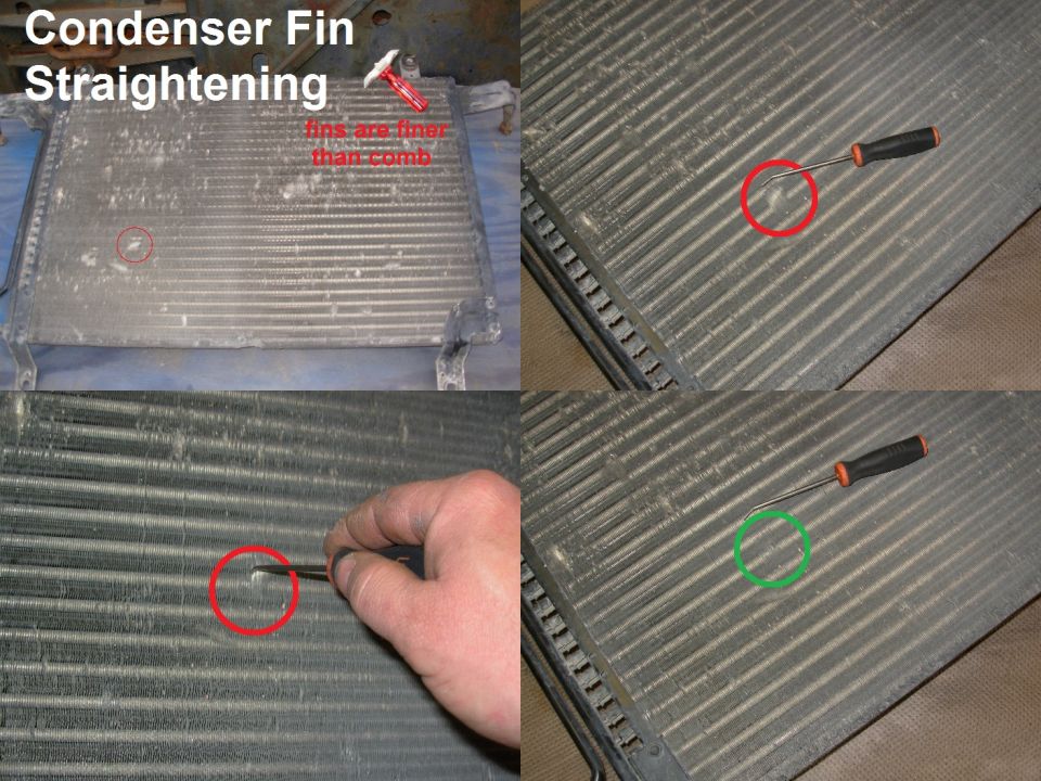 Four-panel photo showing A/C condenser fin straightening with a hooked tool