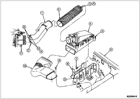 1990 Ford Bronco - Exploded parts diagram of an air intake system showing the duct, air cleaner housing, and resonator with numbered and lettered component ca…