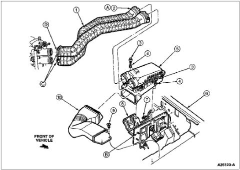 1990 Ford Bronco - Exploded parts diagram of the air intake duct and air cleaner assembly with numbered and lettered callouts and a front-of-vehicle reference.