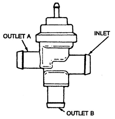 1990 Ford Bronco - This diagram illustrates an emissions control valve, detailing its inlet and two outlets, labeled A and B.