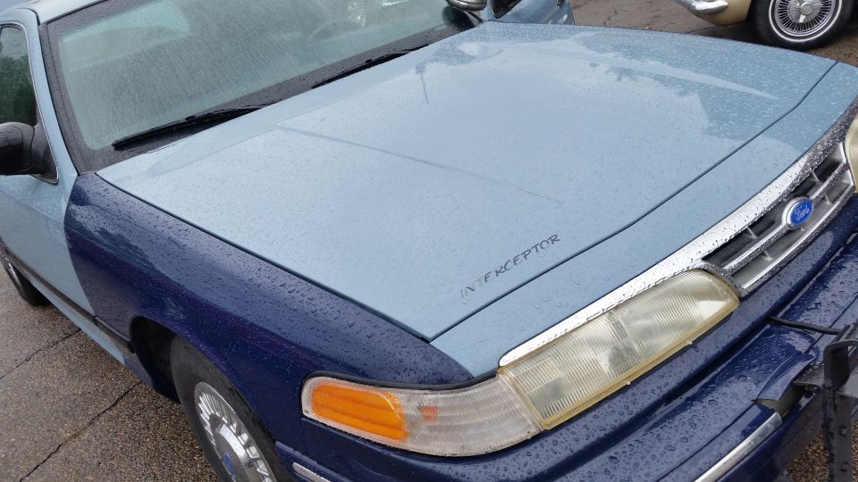 Hood and front fender of a wet two-tone blue Ford Interceptor sedan