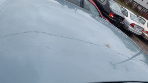 1991 Ford LTD Crown Victoria - Photograph of a faded blue car roof with cracking clearcoat, not a technical document.