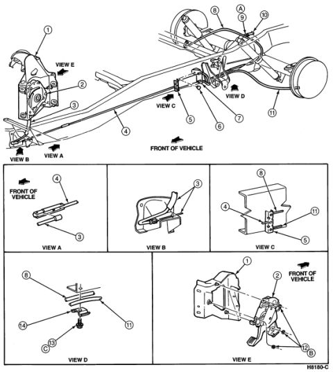 1994 Ford Bronco - Exploded assembly diagram of parking-brake cable routing with numbered callouts and detail views A through E.