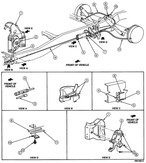 1994 Ford Bronco - Exploded assembly diagram of parking-brake cable routing with numbered callouts and detail views A through E.