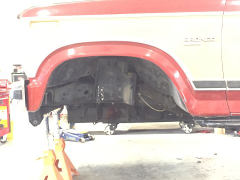 1984 Ford Bronco - Front wheel well and chassis of a 1984 Ford Bronco, raised on jack stands for service.